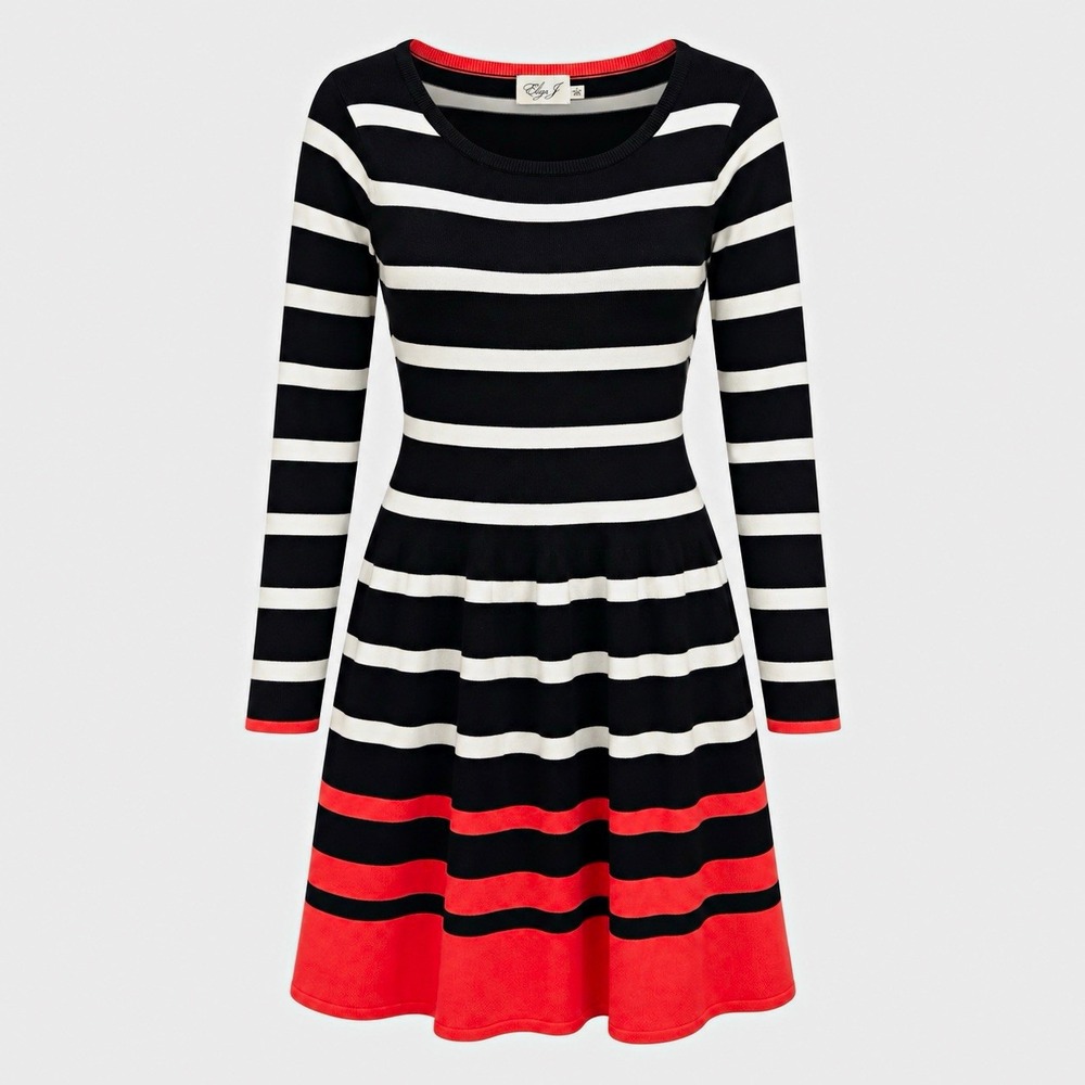 Eliza J Women's XL Knit Sweater Dress Black White Coral Striped drop waist